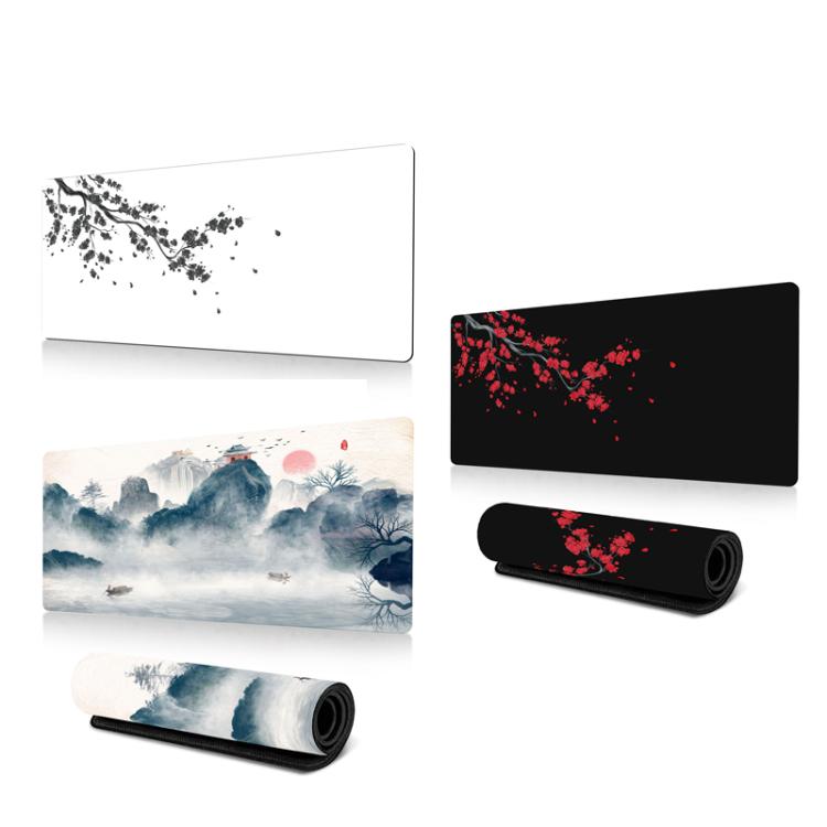 แผ่นรองเมาส์ลายภาพวาดหมึกดอกซากุระ ยางกันลื่น ขนาด 300x600x2mm, 300x700x2mm, 300x800x2mm, 400x900x2mm