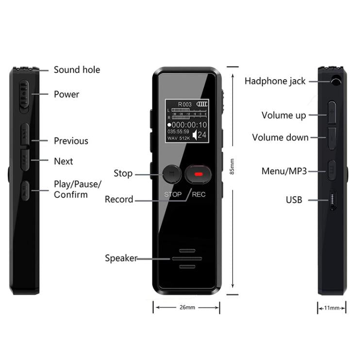 เครื่องบันทึกสัมภาษณ์ขนาดเล็กหน้าจอ LCD 0.9 นิ้ว HD ชาร์จ USB เครื่องเล่น MP3, 8GB, 16GB, 32GB, 64GB