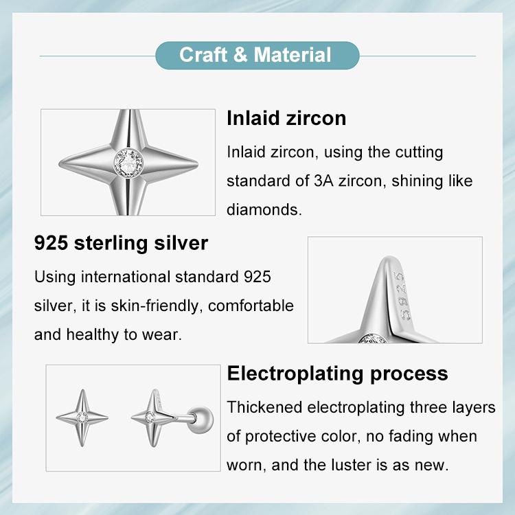 SCE1117-A ต่างหูดาวประดับเพชรซิริคอนเงินสเตอร์ลิง S925 ชุบแพลทินัม
