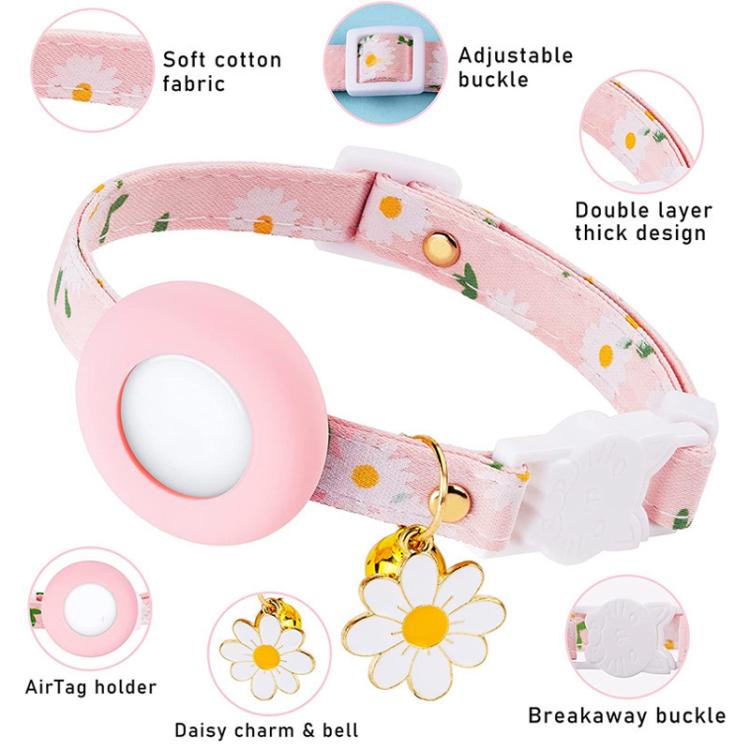 สำหรับ AirTag รุ่นที่ 2 / AirTag รุ่นที่ 1 ซิลิโคนครอบตัวติดตาม ปลอกคอสัตว์เลี้ยงลายดอกเดซี่ขนาดเล็ก พร้อมกระดิ่งและฟิล์มด้านหน้า-หลัง