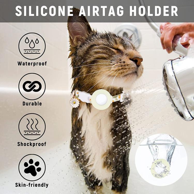 สำหรับ AirTag รุ่นที่ 2 / AirTag รุ่นที่ 1 ซิลิโคนครอบตัวติดตาม ปลอกคอสัตว์เลี้ยงลายดอกเดซี่ขนาดเล็ก พร้อมกระดิ่งและฟิล์มด้านหน้า-หลัง