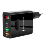 ที่ชาร์จมือถือมัลติพอร์ต 2 USB+2 Type-C พร้อมจอแสดงผลดิจิทัล, ปลั๊ก EU สีดำ, ปลั๊ก US สีดำ, ปลั๊ก UK สีดำ, ปลั๊ก EU สีขาว, ปลั๊ก US สีขาว, ปลั๊ก UK สีขาว