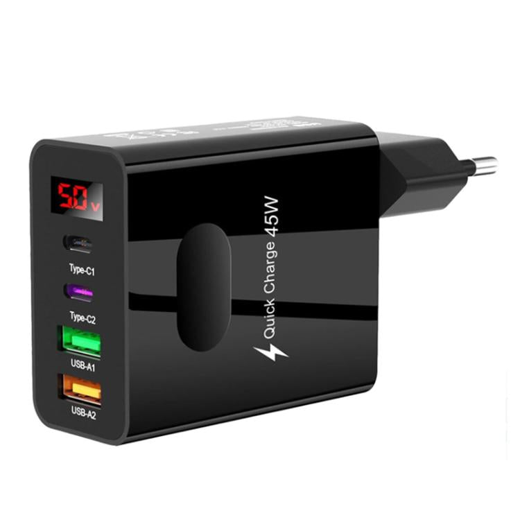 ที่ชาร์จมือถือมัลติพอร์ต 2 USB+2 Type-C พร้อมจอแสดงผลดิจิทัล, ปลั๊ก EU สีดำ, ปลั๊ก US สีดำ, ปลั๊ก UK สีดำ, ปลั๊ก EU สีขาว, ปลั๊ก US สีขาว, ปลั๊ก UK สีขาว