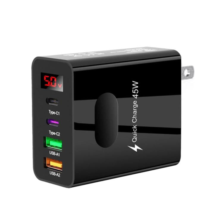 ที่ชาร์จมือถือมัลติพอร์ต 2 USB+2 Type-C พร้อมจอแสดงผลดิจิทัล, ปลั๊ก EU สีดำ, ปลั๊ก US สีดำ, ปลั๊ก UK สีดำ, ปลั๊ก EU สีขาว, ปลั๊ก US สีขาว, ปลั๊ก UK สีขาว