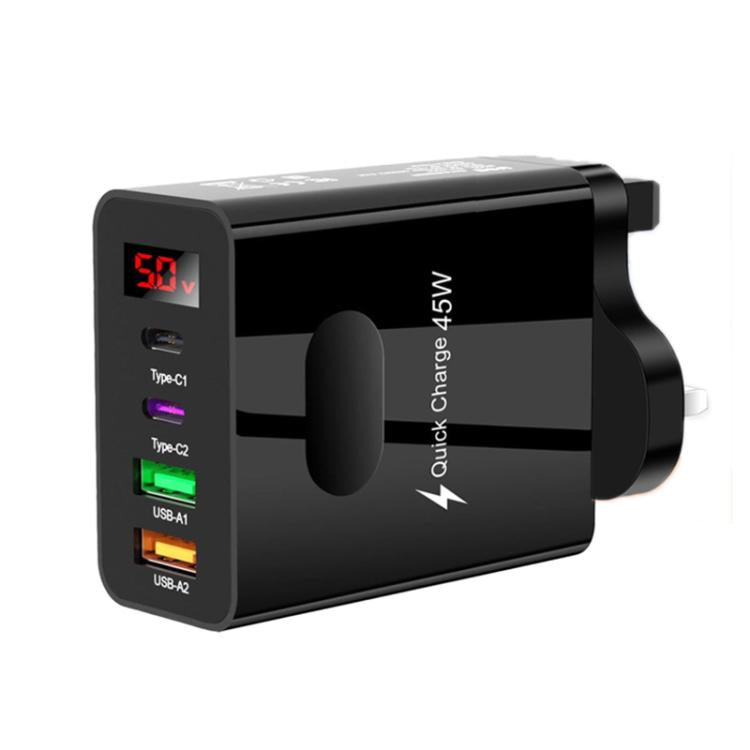ที่ชาร์จมือถือมัลติพอร์ต 2 USB+2 Type-C พร้อมจอแสดงผลดิจิทัล, ปลั๊ก EU สีดำ, ปลั๊ก US สีดำ, ปลั๊ก UK สีดำ, ปลั๊ก EU สีขาว, ปลั๊ก US สีขาว, ปลั๊ก UK สีขาว