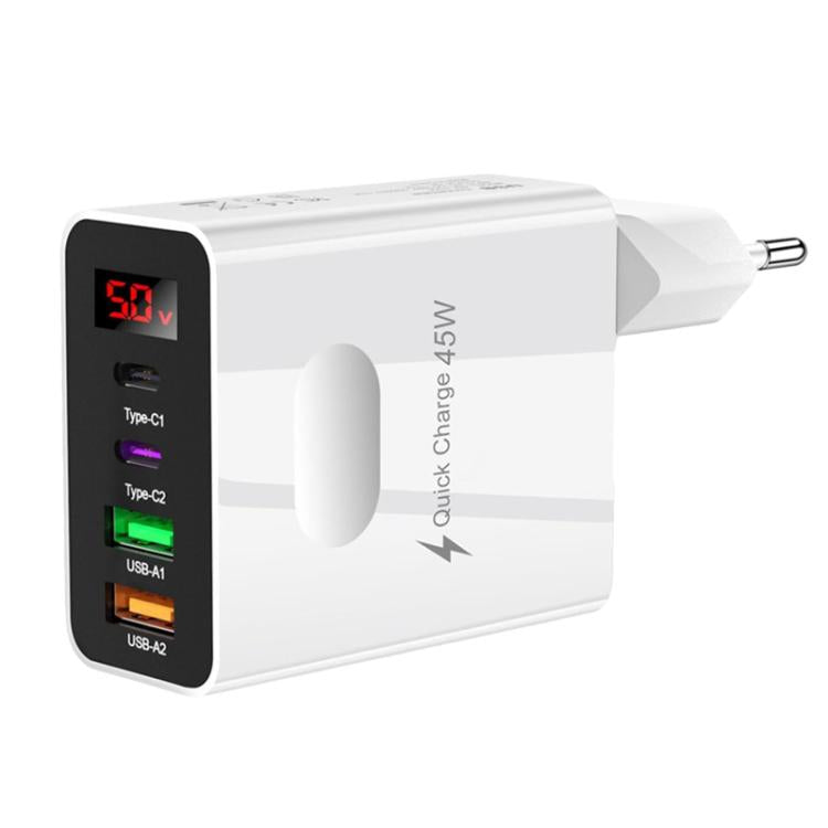 ที่ชาร์จมือถือมัลติพอร์ต 2 USB+2 Type-C พร้อมจอแสดงผลดิจิทัล, ปลั๊ก EU สีดำ, ปลั๊ก US สีดำ, ปลั๊ก UK สีดำ, ปลั๊ก EU สีขาว, ปลั๊ก US สีขาว, ปลั๊ก UK สีขาว