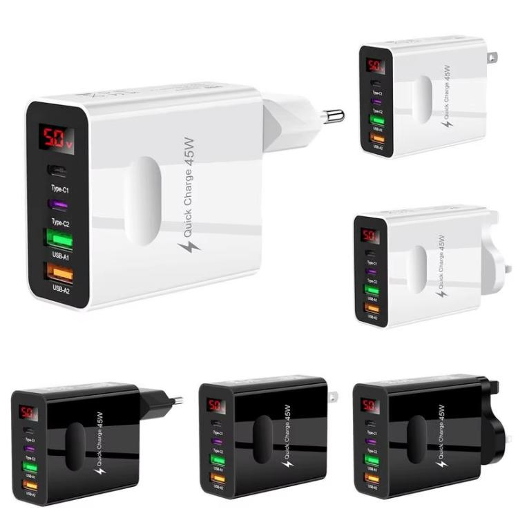 ที่ชาร์จมือถือมัลติพอร์ต 2 USB+2 Type-C พร้อมจอแสดงผลดิจิทัล, ปลั๊ก EU สีดำ, ปลั๊ก US สีดำ, ปลั๊ก UK สีดำ, ปลั๊ก EU สีขาว, ปลั๊ก US สีขาว, ปลั๊ก UK สีขาว
