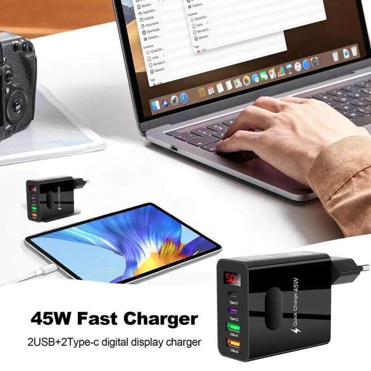 ที่ชาร์จมือถือมัลติพอร์ต 2 USB+2 Type-C พร้อมจอแสดงผลดิจิทัล, ปลั๊ก EU สีดำ, ปลั๊ก US สีดำ, ปลั๊ก UK สีดำ, ปลั๊ก EU สีขาว, ปลั๊ก US สีขาว, ปลั๊ก UK สีขาว
