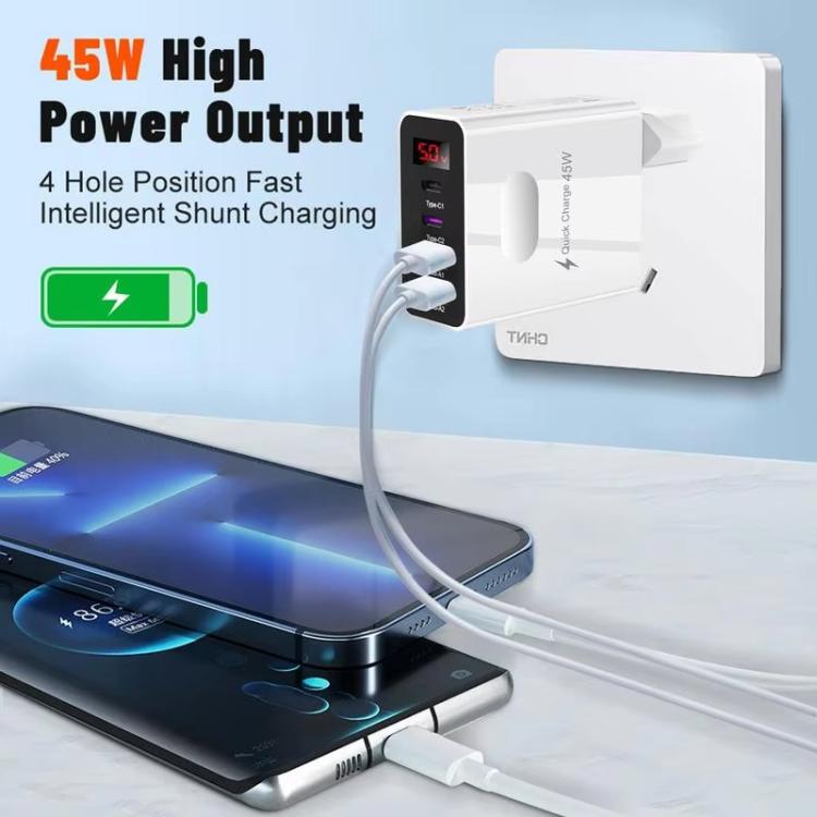 ที่ชาร์จมือถือมัลติพอร์ต 2 USB+2 Type-C พร้อมจอแสดงผลดิจิทัล, ปลั๊ก EU สีดำ, ปลั๊ก US สีดำ, ปลั๊ก UK สีดำ, ปลั๊ก EU สีขาว, ปลั๊ก US สีขาว, ปลั๊ก UK สีขาว