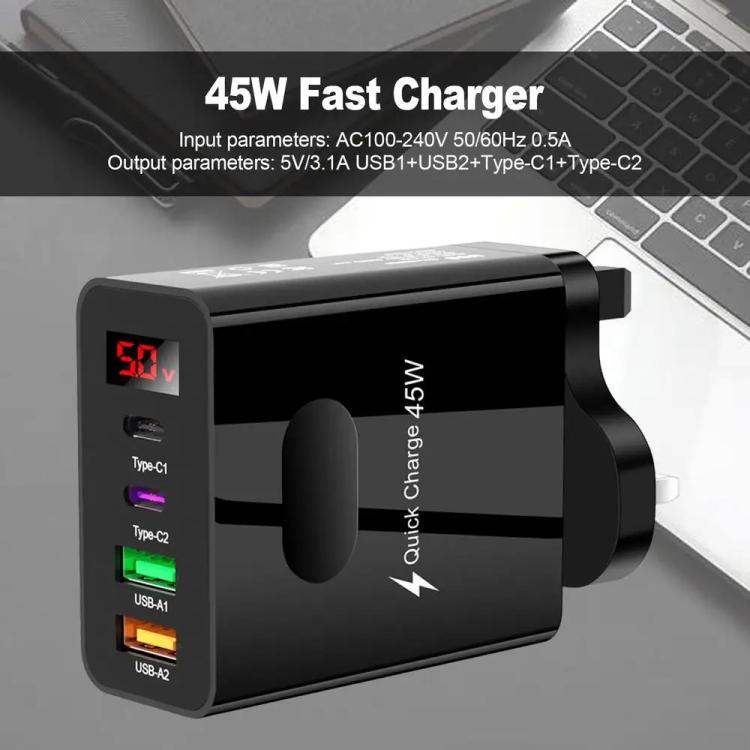 ที่ชาร์จมือถือมัลติพอร์ต 2 USB+2 Type-C พร้อมจอแสดงผลดิจิทัล, ปลั๊ก EU สีดำ, ปลั๊ก US สีดำ, ปลั๊ก UK สีดำ, ปลั๊ก EU สีขาว, ปลั๊ก US สีขาว, ปลั๊ก UK สีขาว