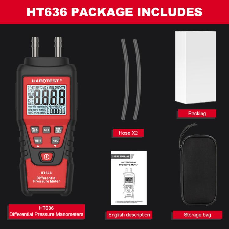 เครื่องวัดความดันต่างระดับความแม่นยำสูง HABOTEST HT636 ดิจิตอลไมโครเพรสเชอร์เทสเตอร์, HT636