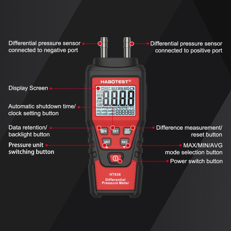 เครื่องวัดความดันต่างระดับความแม่นยำสูง HABOTEST HT636 ดิจิตอลไมโครเพรสเชอร์เทสเตอร์, HT636