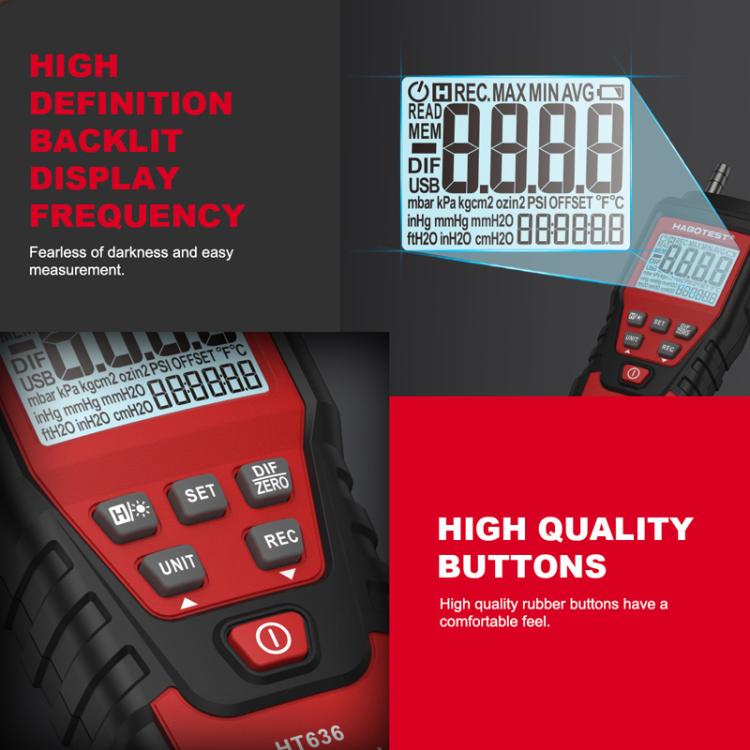 เครื่องวัดความดันต่างระดับความแม่นยำสูง HABOTEST HT636 ดิจิตอลไมโครเพรสเชอร์เทสเตอร์, HT636