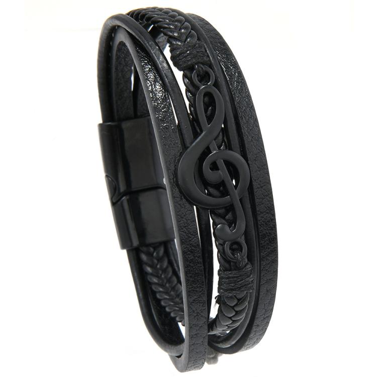Men Braided Leather Bracelet with Musical Note Design, Magnetic Clasp Multi-Layer Wristband for Casual & Style
