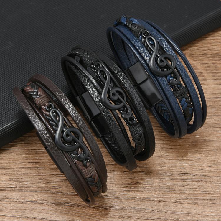กำไลหนังถักผู้ชายลายโน้ตดนตรี สายรัดข้อมือหลายชั้นพร้อมตัวล็อกแม่เหล็ก สำหรับลุคสบาย ๆ และมีสไตล์