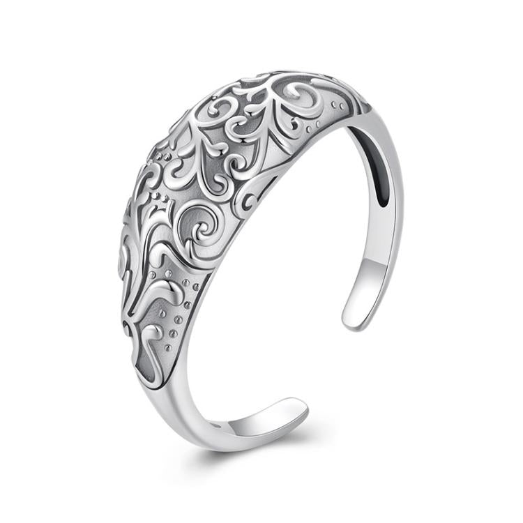 S925 Sterling Silver Oxidized Retro Pattern Open Adjustable Ring