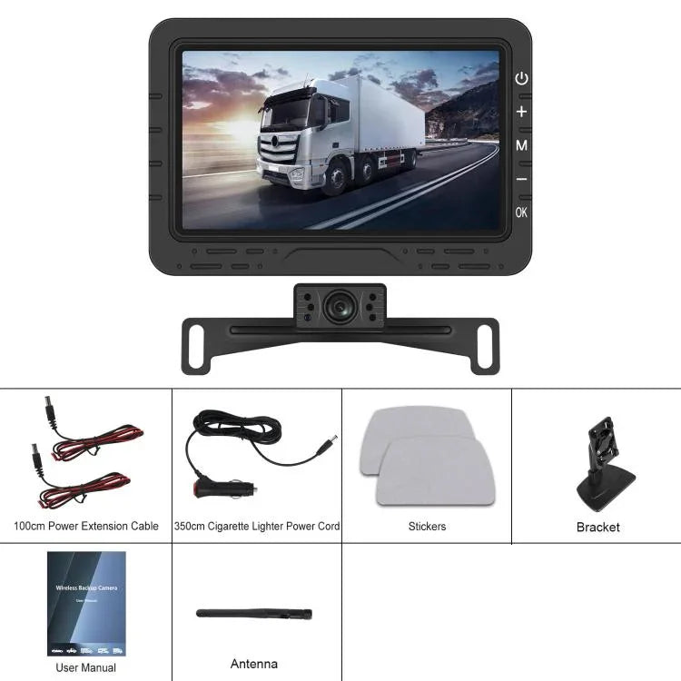 เครื่องแสดงภาพถอยหลังดิจิตอลไร้สาย HD 4.3 นิ้ว 1 ต่อ 1 ควบคุมกลางรถยนต์ พร้อมที่ยึดป้ายทะเบียนยาวสำหรับอเมริกาเหนือ และที่ยึดป้ายทะเบียนสั้นสำหรับยุโรป
