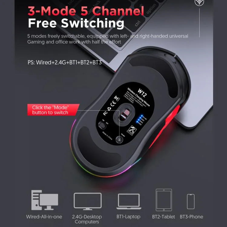เมาส์เกมมิ่ง MKESPN W12 แบบ 5 ช่องสัญญาณ Tri-Mode พร้อม 10 ปุ่ม 10000 DPI ดีไซน์สำหรับมือซ้ายและขวา RGB เมาส์มาโคร, W12 สีน้ำเงิน, W12 สีแดง