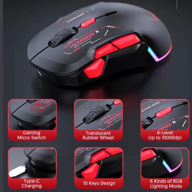 เมาส์เกมมิ่ง MKESPN W12 แบบ 5 ช่องสัญญาณ Tri-Mode พร้อม 10 ปุ่ม 10000 DPI ดีไซน์สำหรับมือซ้ายและขวา RGB เมาส์มาโคร, W12 สีน้ำเงิน, W12 สีแดง
