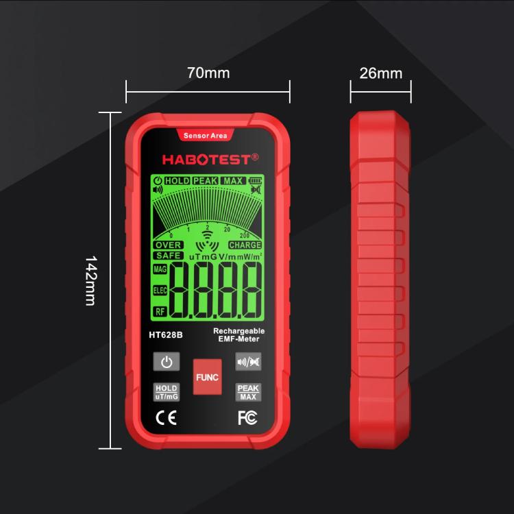 เครื่องวัดสนามแม่เหล็กไฟฟ้า EMF แบบชาร์จไฟได้ HABOTEST HT628B, HT628B