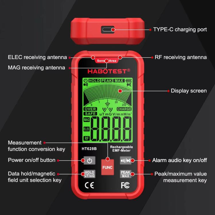 เครื่องวัดสนามแม่เหล็กไฟฟ้า EMF แบบชาร์จไฟได้ HABOTEST HT628B, HT628B