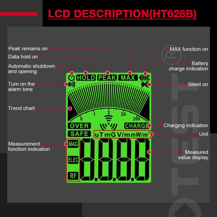 เครื่องวัดสนามแม่เหล็กไฟฟ้า EMF แบบชาร์จไฟได้ HABOTEST HT628B, HT628B