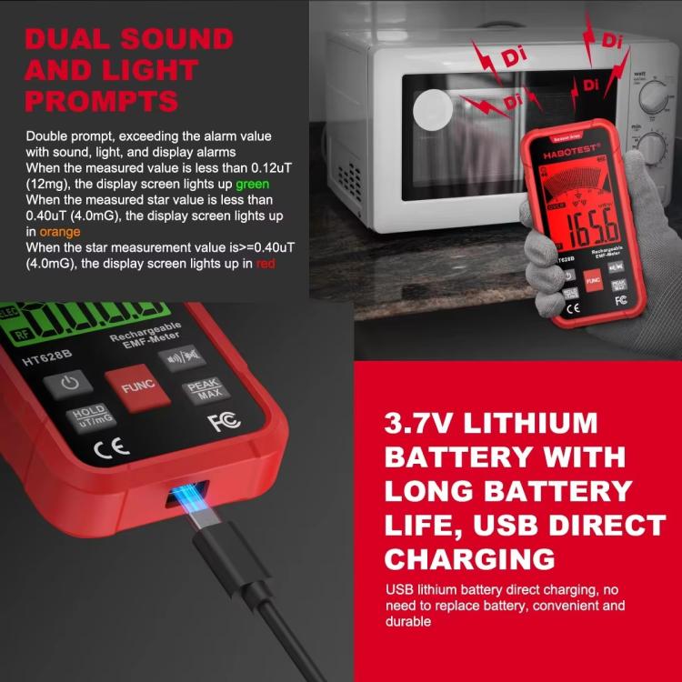 เครื่องวัดสนามแม่เหล็กไฟฟ้า EMF แบบชาร์จไฟได้ HABOTEST HT628B, HT628B