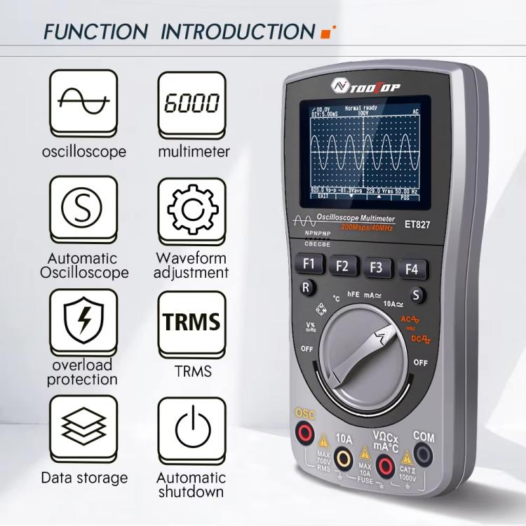 ออสซิลโลสโคปมัลติมิเตอร์ อัตราการสุ่มตัวอย่าง 200Msps 40MHz ออสซิลโลสโคป + มัลติมิเตอร์ 2 ใน 1, ET827