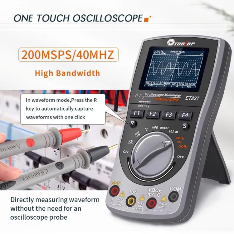 ออสซิลโลสโคปมัลติมิเตอร์ อัตราการสุ่มตัวอย่าง 200Msps 40MHz ออสซิลโลสโคป + มัลติมิเตอร์ 2 ใน 1, ET827