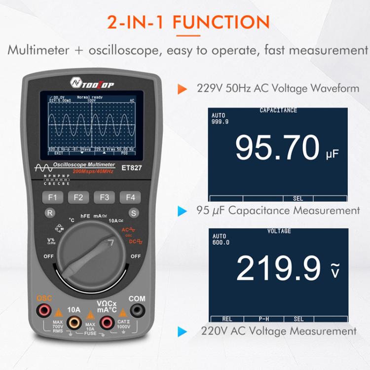ออสซิลโลสโคปมัลติมิเตอร์ อัตราการสุ่มตัวอย่าง 200Msps 40MHz ออสซิลโลสโคป + มัลติมิเตอร์ 2 ใน 1, ET827