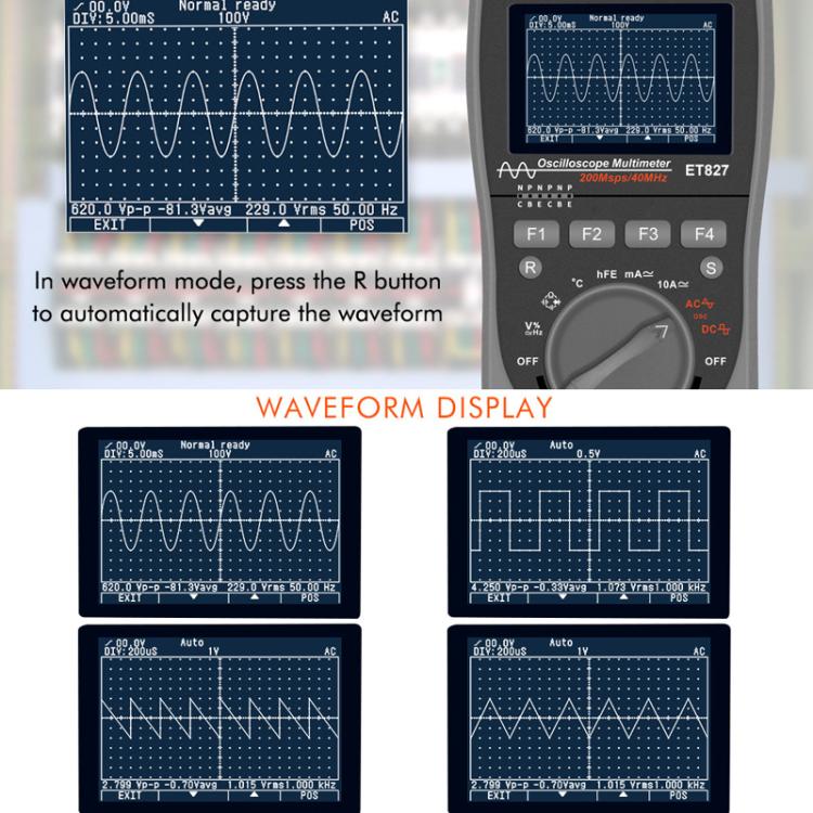 ออสซิลโลสโคปมัลติมิเตอร์ อัตราการสุ่มตัวอย่าง 200Msps 40MHz ออสซิลโลสโคป + มัลติมิเตอร์ 2 ใน 1, ET827