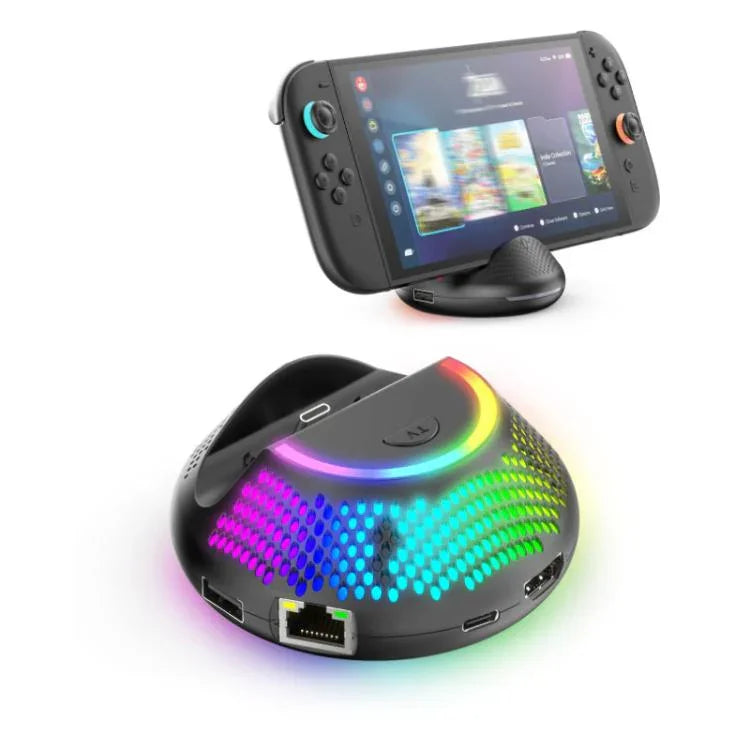 แท่นวางทีวี 4K 60Hz 5-in-1 HUB พร้อมพอร์ตอีเธอร์เน็ตความเร็วสูงและไฟ RGB สำหรับ Nintendo Switch 2 JYS
