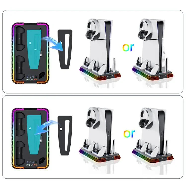 For PS5 Pro / PS5 Slim / PS5 Multifunctional Cooling Base With Dual Handle Charging Dock, YH66S Piano Style With Colorful Light White, YH66S Piano Style With Colorful Light Black, YH66 White, YH66 Black White, YH66 Black