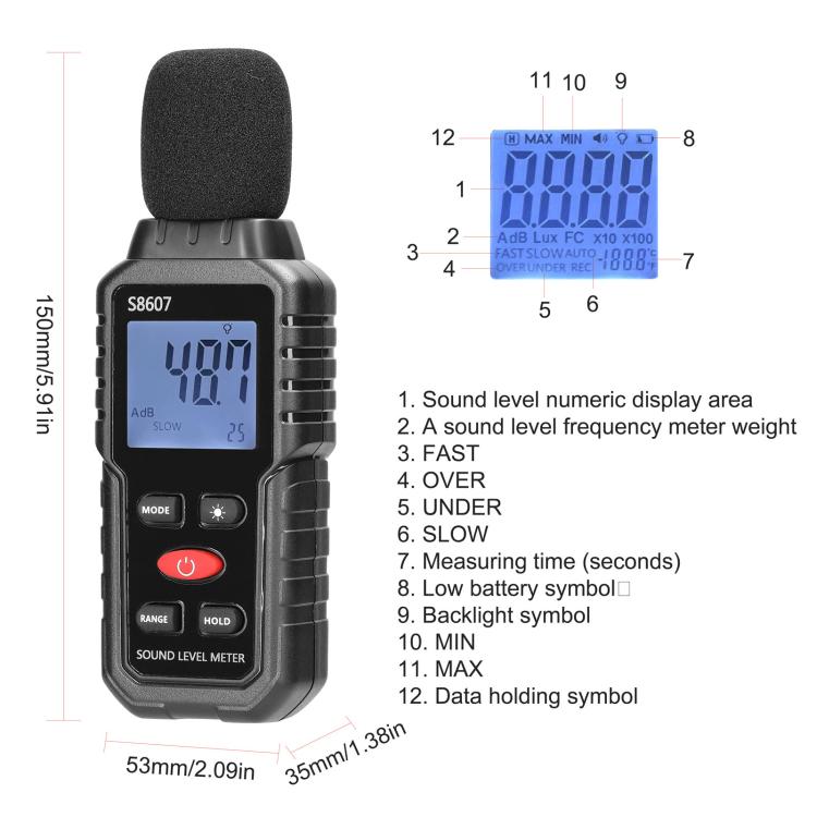 เครื่องวัดเดซิเบลความแม่นยำสูงขนาดเล็ก ตรวจจับเสียงรบกวนสิ่งแวดล้อม, S8607