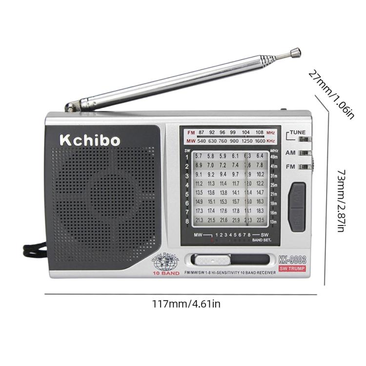 Kchibo วิทยุพกพา 10 ย่าน AM/FM/SW พร้อมลำโพงคุณภาพสูง เครื่องรับสัญญาณมัลติแบนด์ขนาดกะทัดรัด, KK-9803