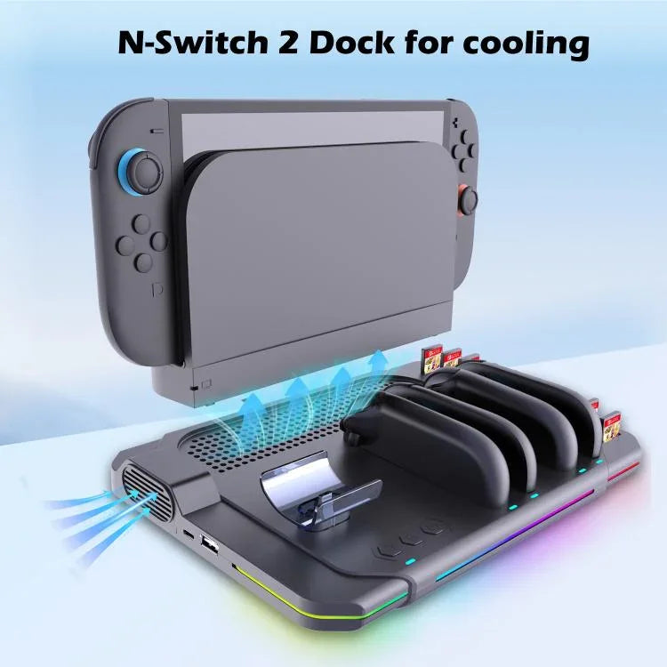 แท่นชาร์จและระบายความร้อนมัลติฟังก์ชันสำหรับ Nintendo Switch 2 พร้อมไฟ RGB และช่องใส่การ์ด รุ่น SW2139