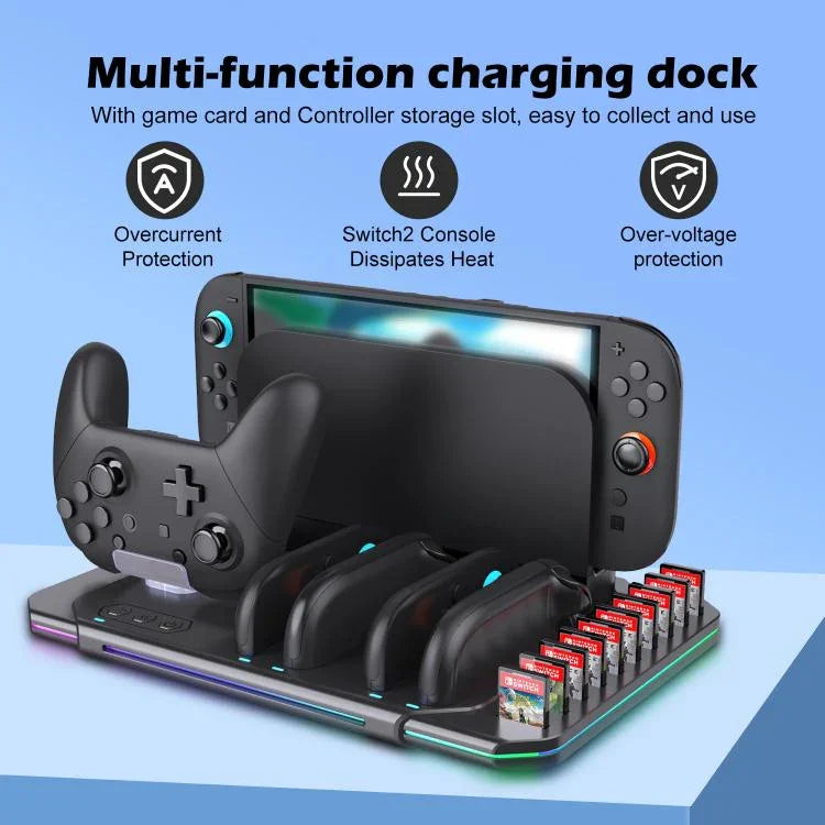 แท่นชาร์จและระบายความร้อนมัลติฟังก์ชันสำหรับ Nintendo Switch 2 พร้อมไฟ RGB และช่องใส่การ์ด รุ่น SW2139