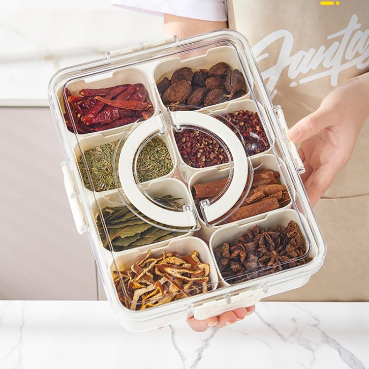 กล่องจัดเก็บเครื่องเทศ 8 ช่อง พร้อมฝาใสและหูจับ สำหรับโหระพาแห้ง ผักชี โรสแมรี่ และใบเบย์ 8 ช่อง