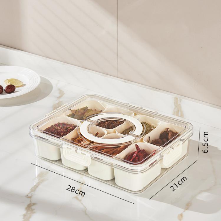 กล่องจัดเก็บเครื่องเทศ 8 ช่อง พร้อมฝาใสและหูจับ สำหรับโหระพาแห้ง ผักชี โรสแมรี่ และใบเบย์ 8 ช่อง