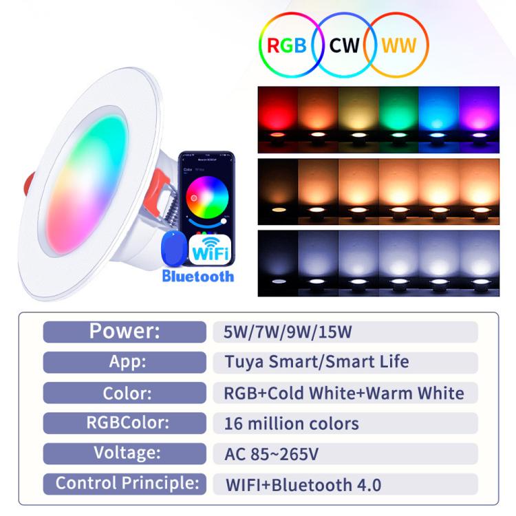 ไฟดาวน์ไลท์ LED ฝังฝ้ารองรับ Tuya WIFI & Bluetooth RGB+CW+WW ปรับความสว่างได้, 5W 2.5 นิ้ว, 7W 3.5 นิ้ว, 10W 4 นิ้ว