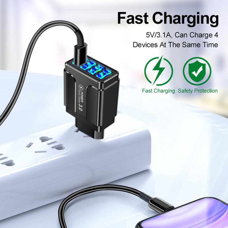 ที่ชาร์จโทรศัพท์ 4 พอร์ต USB ชาร์จเร็ว 5.1A QC3.0, ปลั๊ก EU, ปลั๊ก US, ปลั๊ก UK