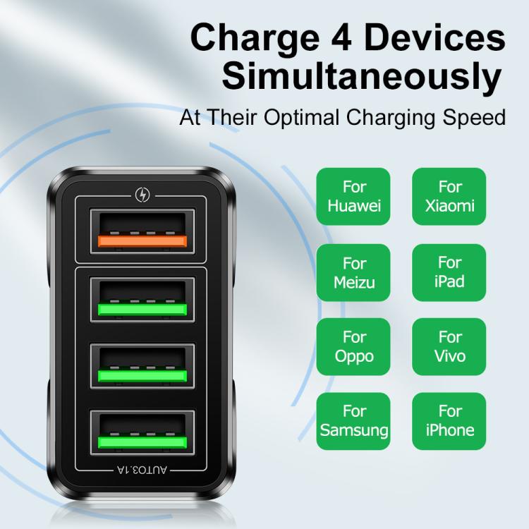ที่ชาร์จโทรศัพท์ 4 พอร์ต USB ชาร์จเร็ว 5.1A QC3.0, ปลั๊ก EU, ปลั๊ก US, ปลั๊ก UK