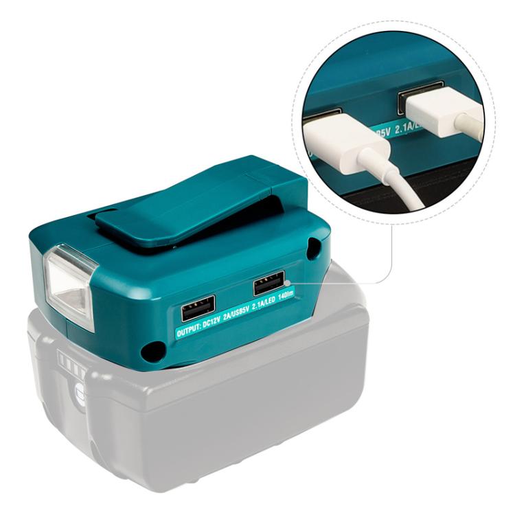อะแดปเตอร์แบตเตอรี่ลิเธียม Makita 14.4V/18V พร้อมไฟ LED, USB คู่ + DC