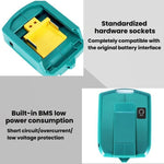 อะแดปเตอร์แบตเตอรี่ลิเธียม Makita 14.4V/18V พร้อมไฟ LED, USB คู่ + DC