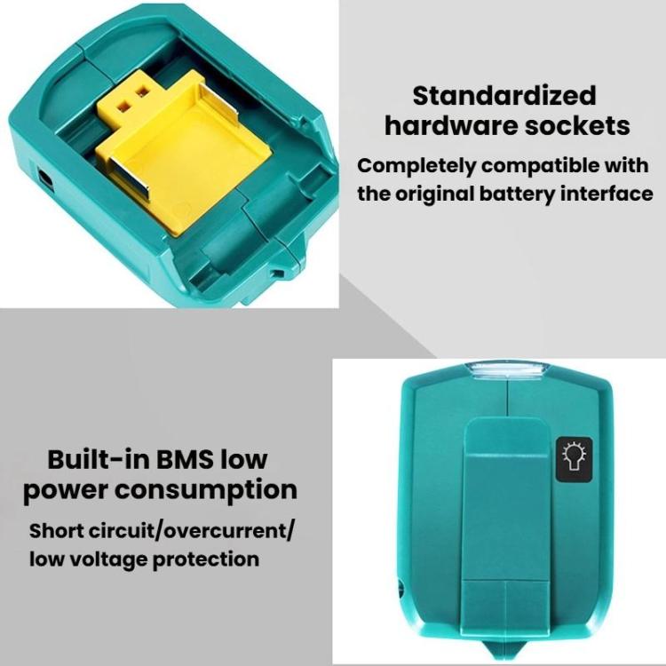 อะแดปเตอร์แบตเตอรี่ลิเธียม Makita 14.4V/18V พร้อมไฟ LED, USB คู่ + DC