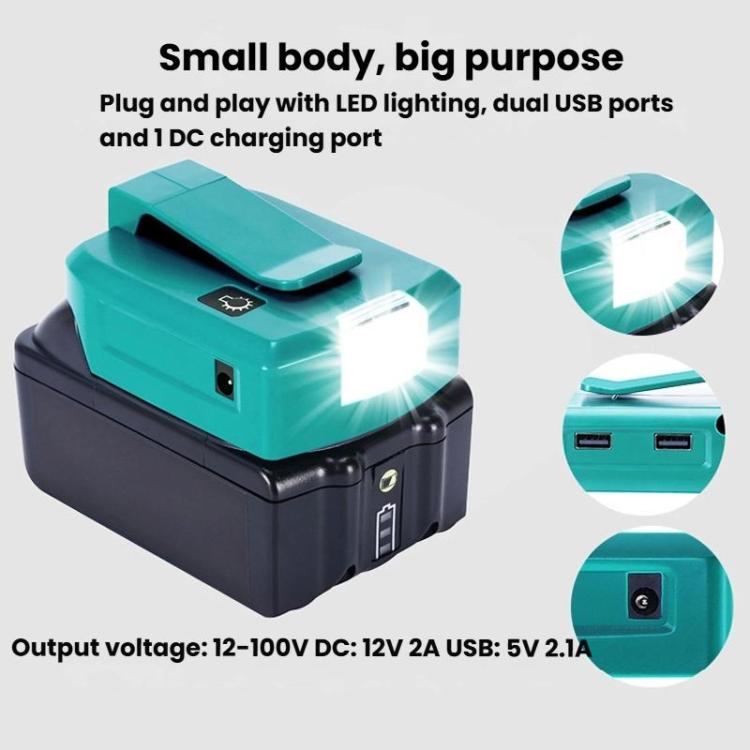 อะแดปเตอร์แบตเตอรี่ลิเธียม Makita 14.4V/18V พร้อมไฟ LED, USB คู่ + DC