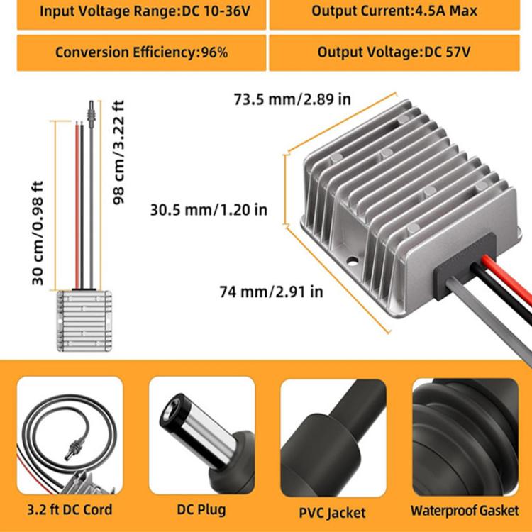 Power Converter Voltage Booster, 12V / 24V To 57V 4.5A With 1m DC Cable, 12V / 24V To 57V 4.5A With 1m DC Cable Clamp