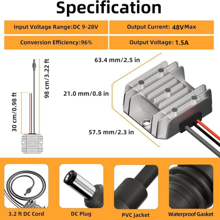 Power Converter Voltage Booster, 12V / 24V To 48V 1.5A With 1m DC Cable, 12V / 24V To 48V 1.5A With 1m DC Cable Clips