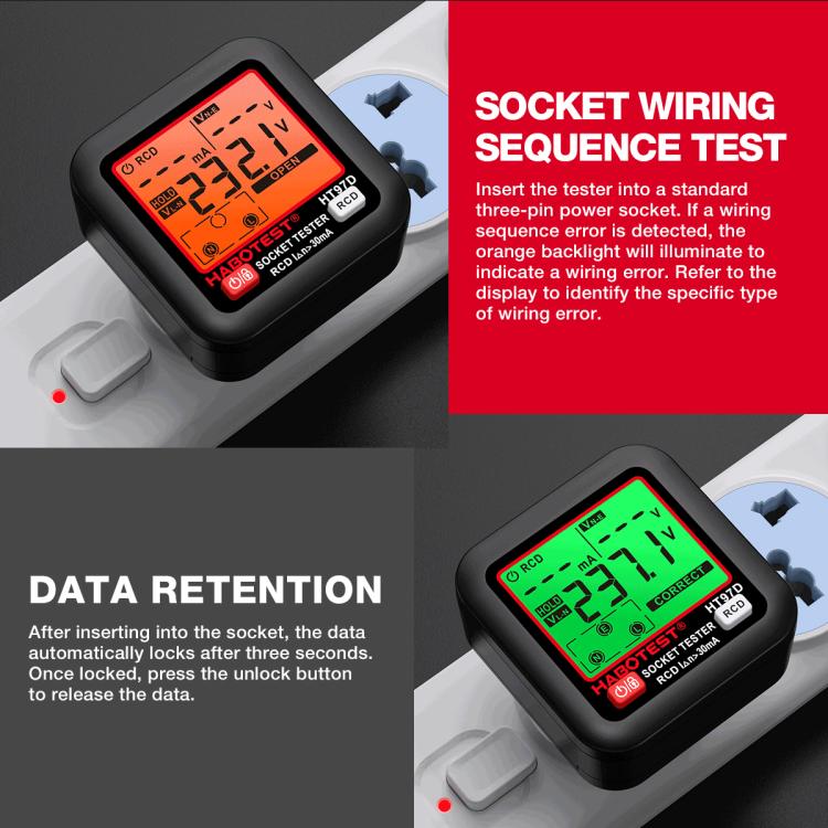 HABOTEST ปลั๊กทดสอบไฟฟ้าอัจฉริยะแสดงผลดิจิทัล, HT97B ปลั๊ก US, HT97D ปลั๊ก EU, HT97E ปลั๊ก UK