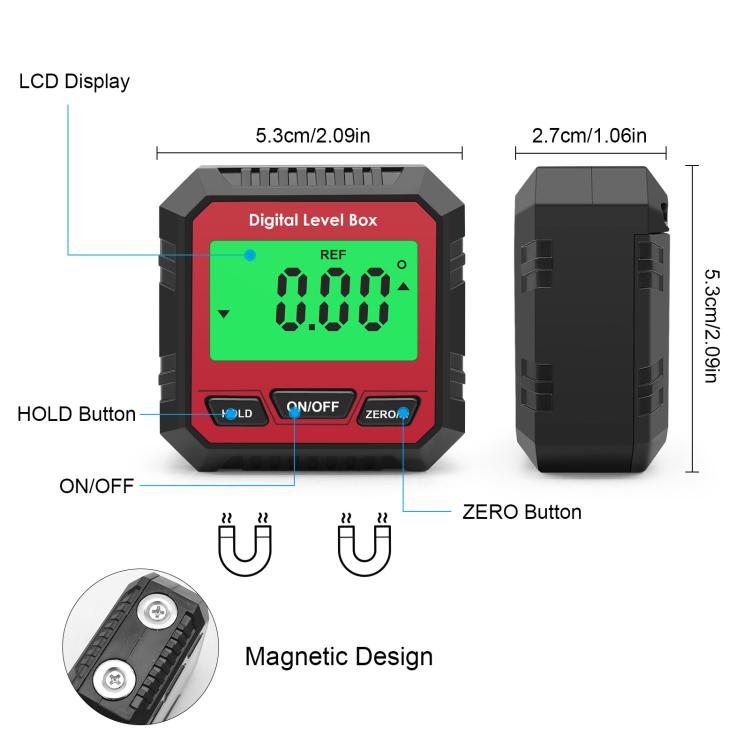 เครื่องวัดมุมดิจิทัลพร้อมฐานแม่เหล็กและจอ LCD เครื่องวัดมุมมินิโปรแทรกเตอร์ระดับลาดเอียง VA107